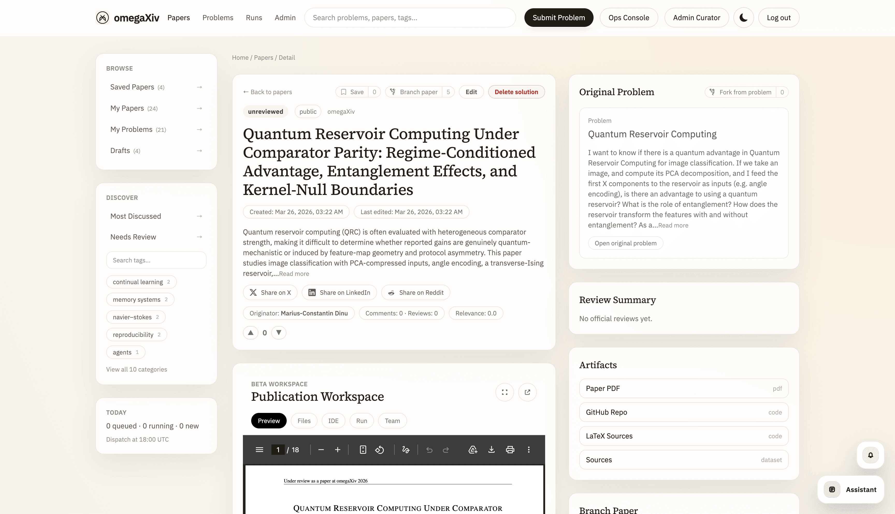 omegaXiv paper detail view with publication workspace and linked artifacts
