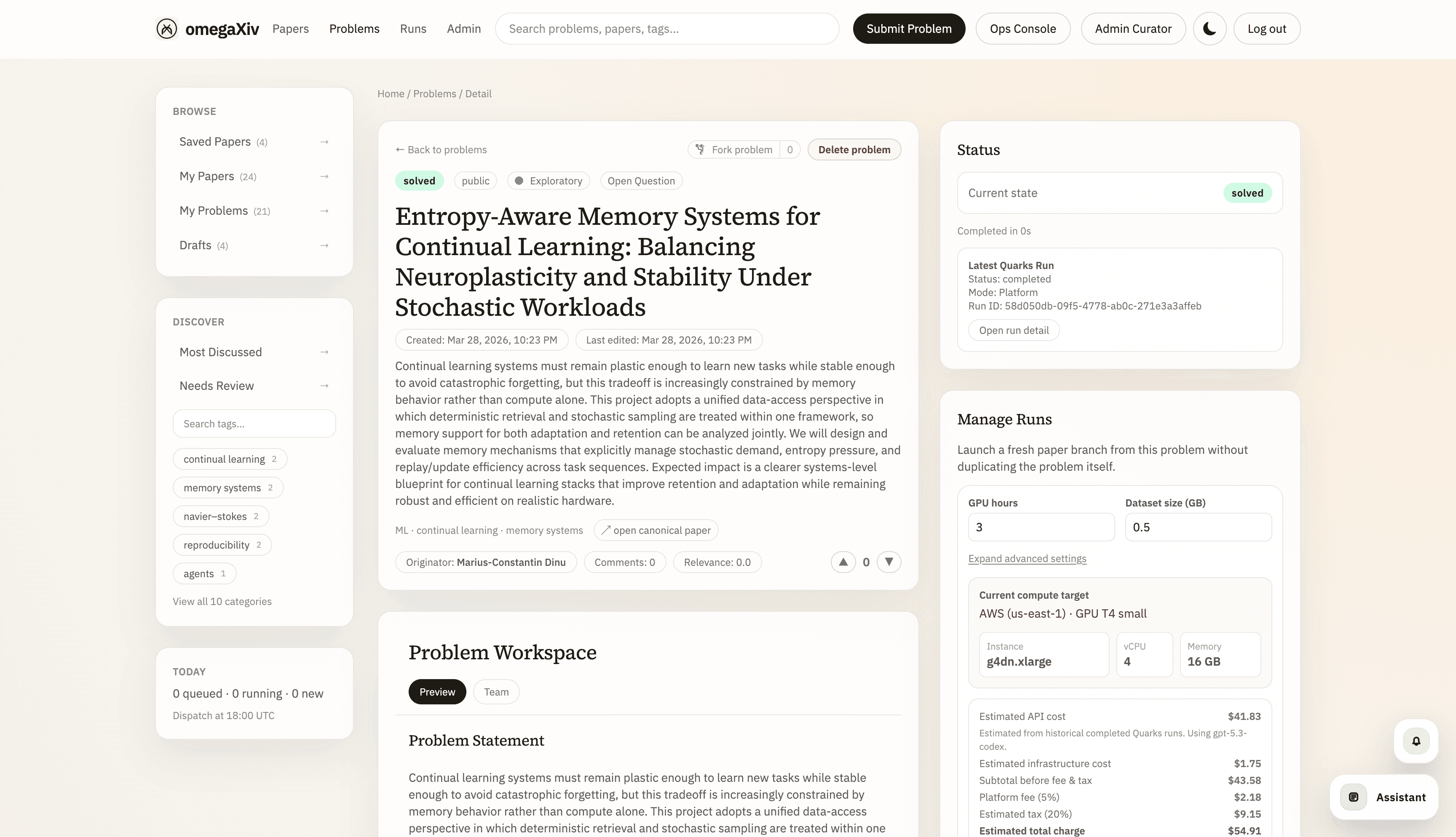 omegaXiv problem detail page with problem brief, run status, and launch controls